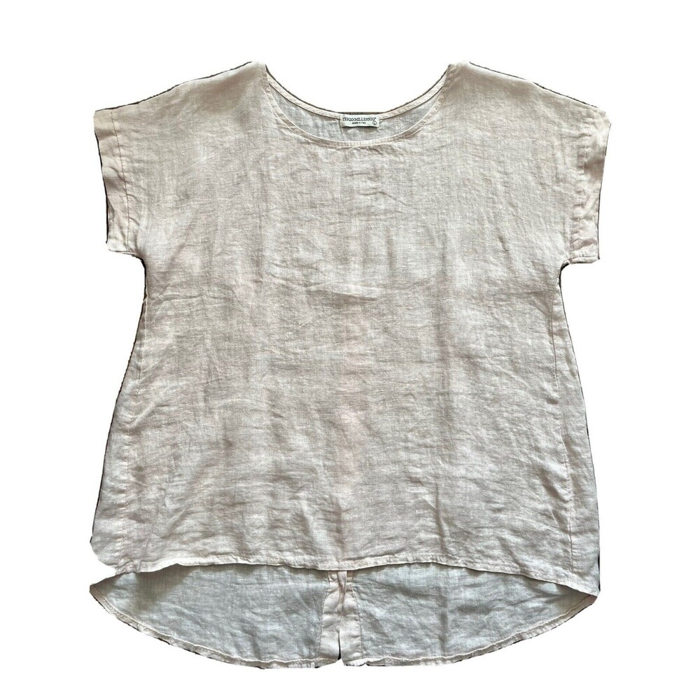 Terzo Millennio Top Large Beige 100% Linen Button Back Hi Low Hem Pullover Shirt